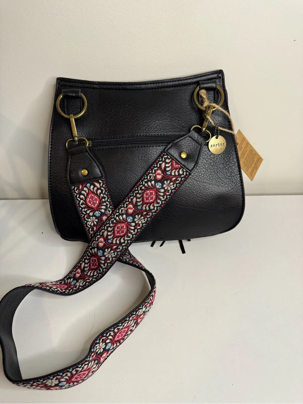 Ampere Creations Black Crossbody Bag Embroidered Strap Tassel Boho Western NWT‎